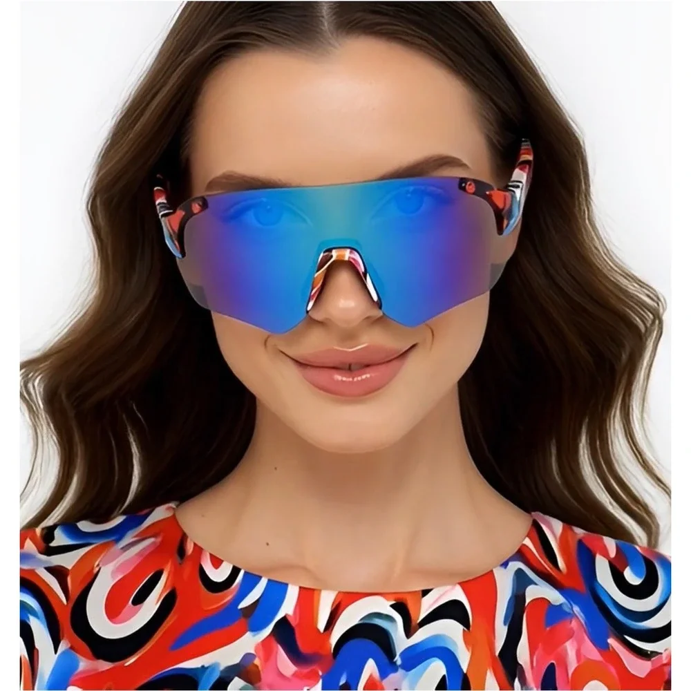 Multicolor Graffiti Women Sunglasses Blue Mirrored Lens Sport Performance Shades
